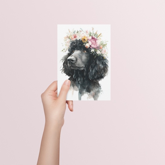 Watercolor Black Poodle with Flowers Crown Portrait Wall Art Print - Unframed - Picture 5 of 6